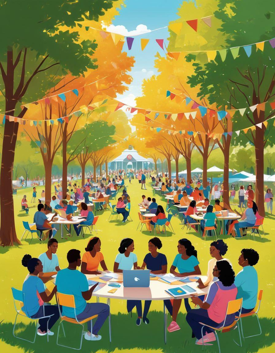A vibrant community gathering in a sunny park, showcasing diverse people of all ages engaged in educational activities. A central table filled with books, laptops, and resource materials, while laughter and collaboration fill the air. Colorful banners promoting empowerment and learning flutter in the breeze. The atmosphere is warm and inviting, emphasizing unity and support. bright colors. illustration.